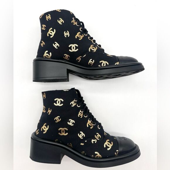 Chanel CC Logo Canvas Shearling Lace Up Combat Boots Black & Gold EU 39 US 8.5-8 - Picture 4 of 15